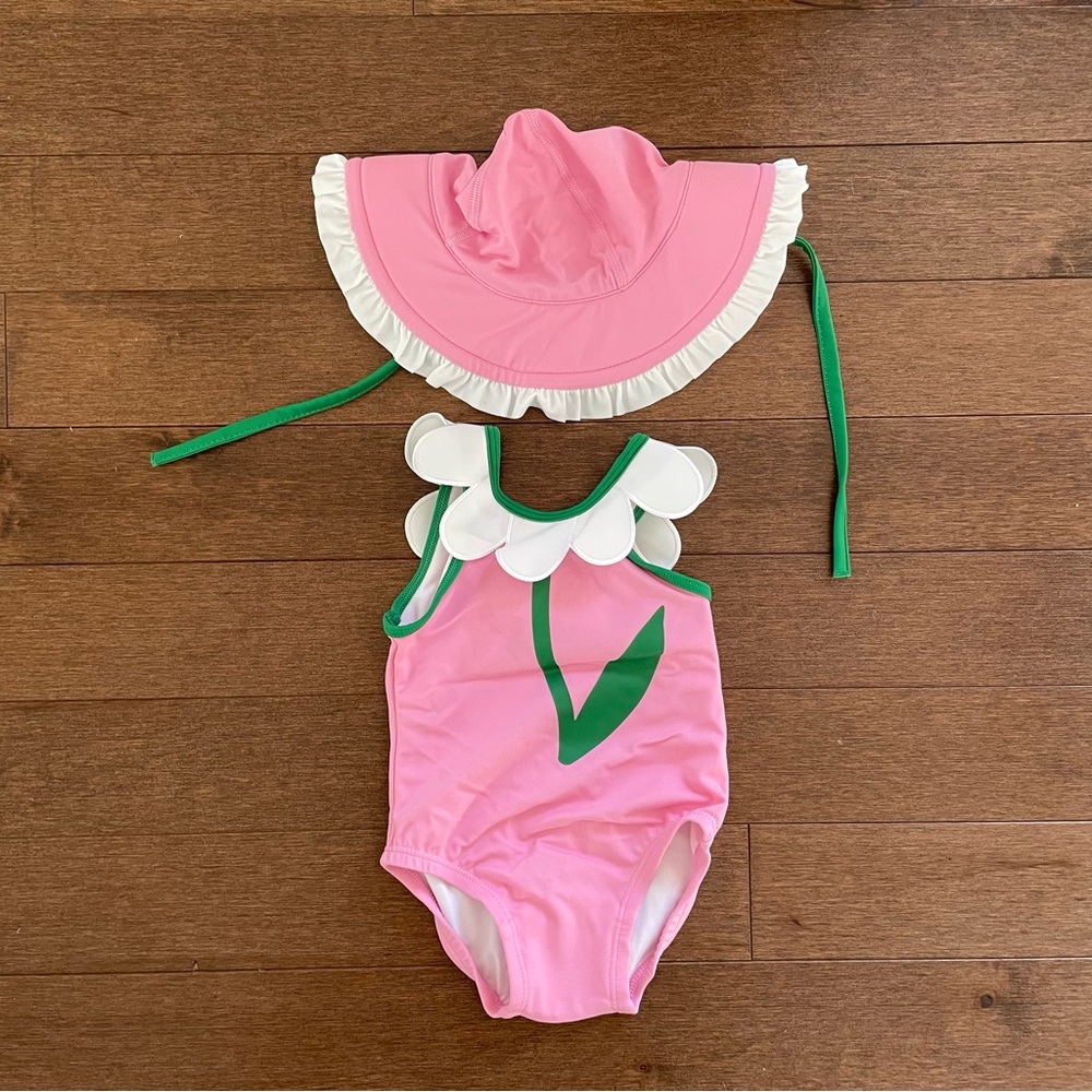 NWT Hanna Andersson Pink Floral Swimsuit with Hat 3-6M